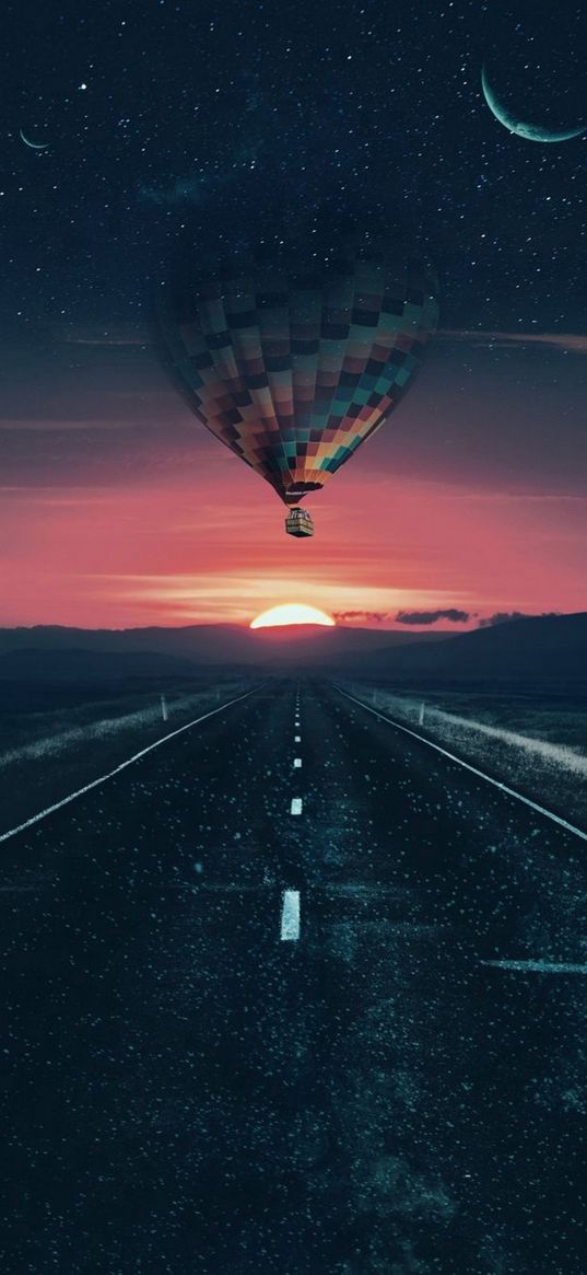 road, savannah, sunset, balloon, moon, starry sky