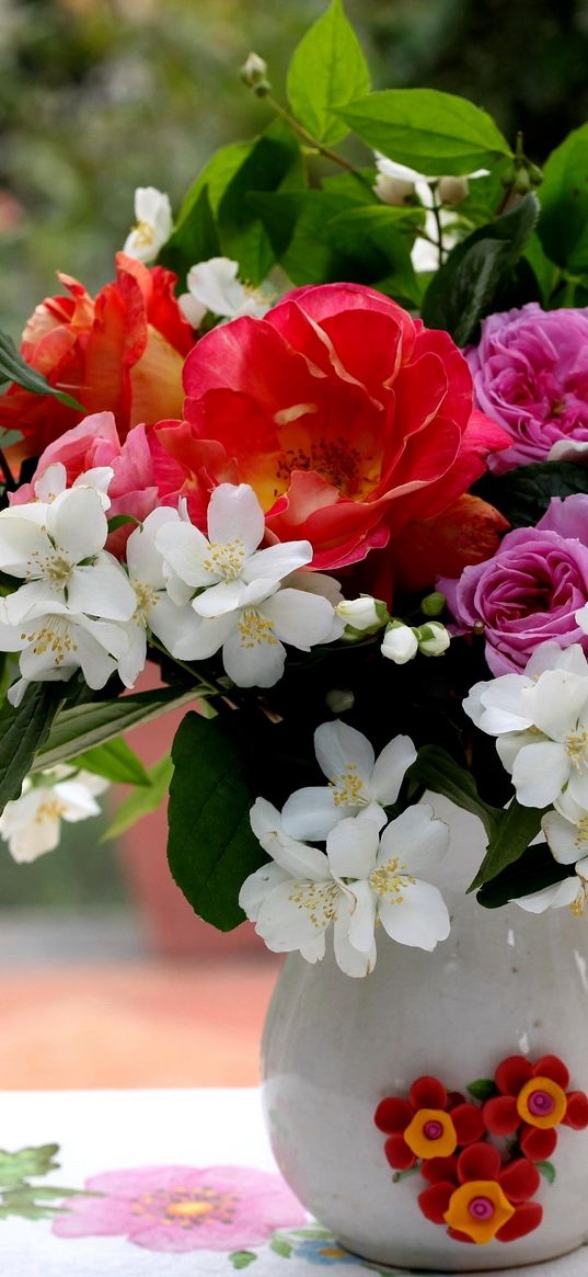 rose, jasmine, flowers, branches, leaves, flower, pitcher, table