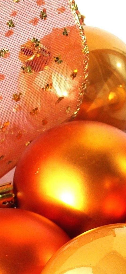 christmas decorations, balloons, ribbon, gold, close-up