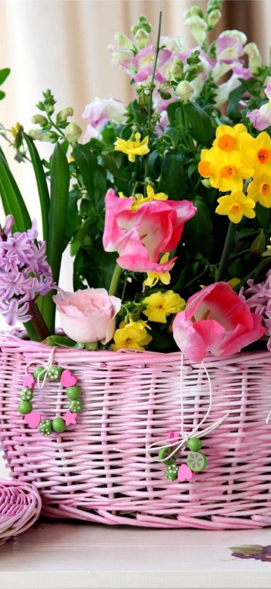 roses, hyacinths, daffodils, tulips, freesia, flowers, baskets, mouse