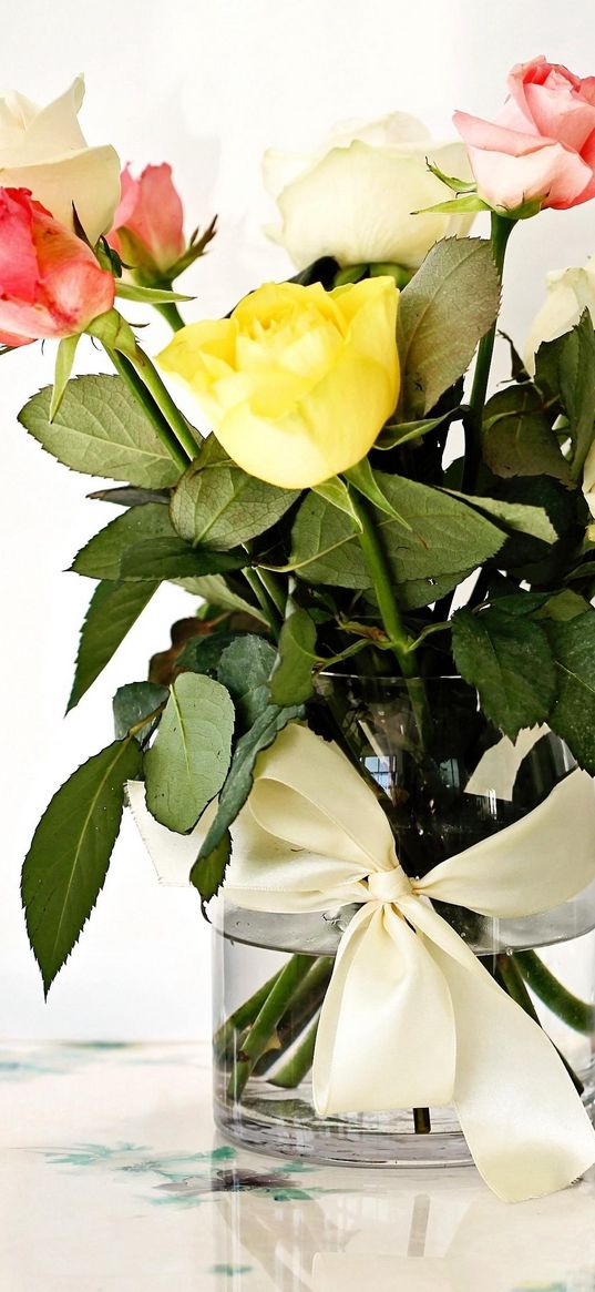 roses, flowers, bouquet, bow, vase, candle