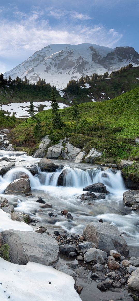 stream, cascade, stones, grass, mountains