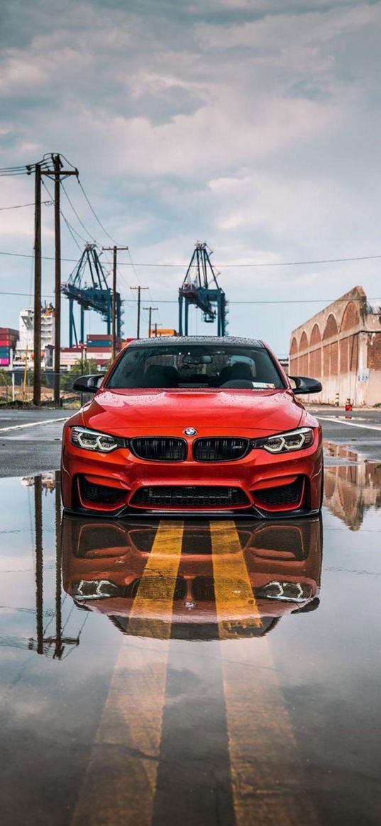 bmw, car, red, road, puddle, reflection, port