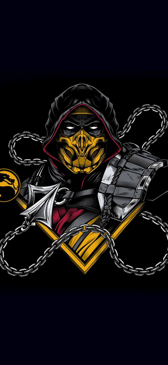 scorpion, mortal kombat, game, ninja, chain, spear, black background, art