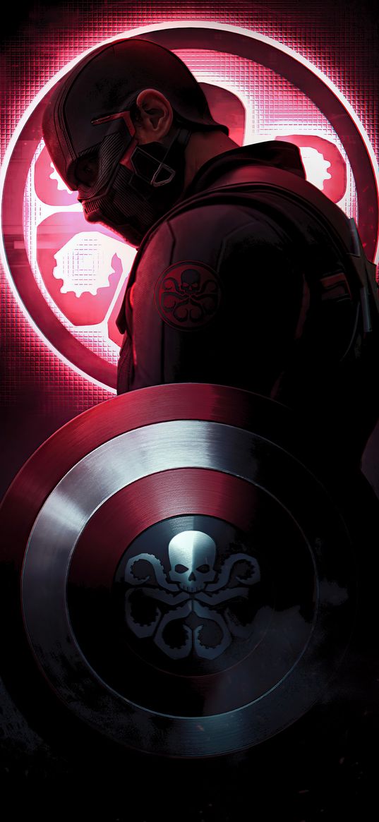 captain america, hydra, villain, superhero, marvel, soldier, shield, octopus, skull, red, dark, art