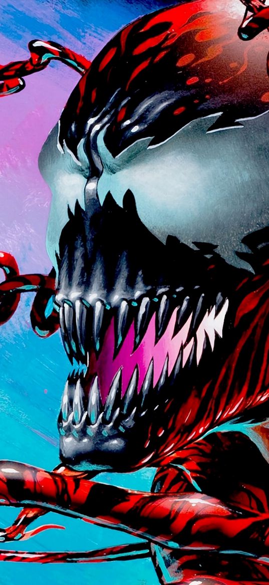 carnage, venom, villain, marvel, monster, red, mouth, teeth, art