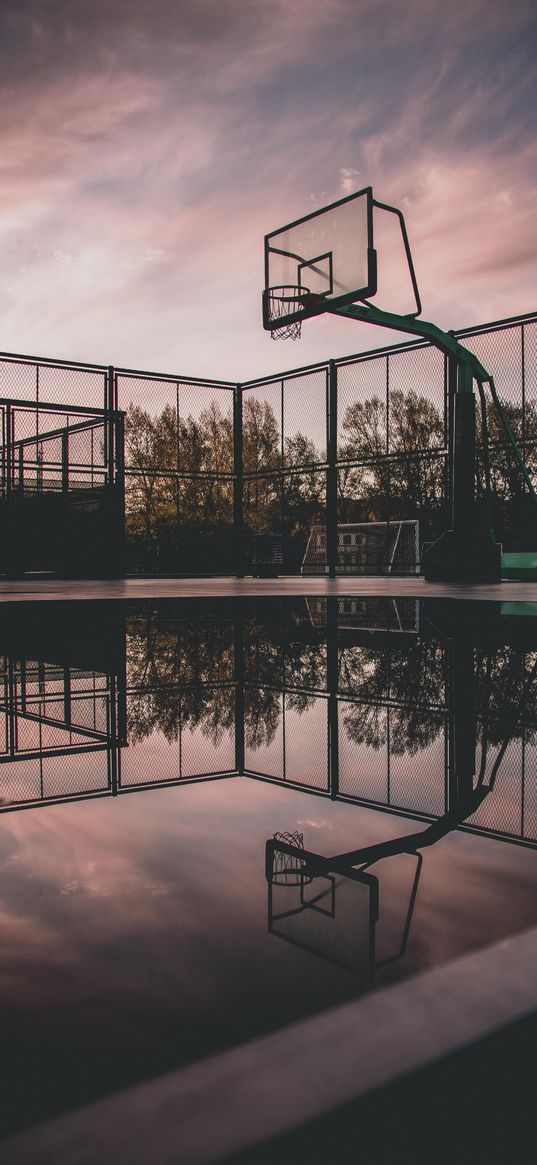 basketball, ring, playground, puddles, reflection, sky, sunset