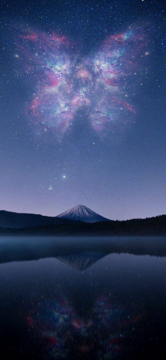 lake, reflection, peak, blue sky, stars, nebulae