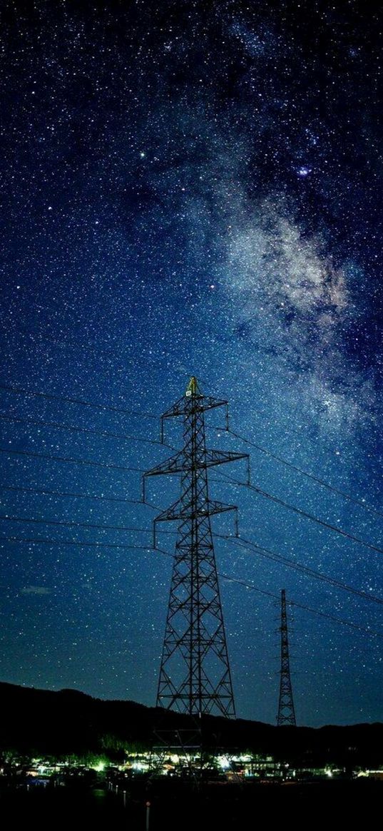 city, lights, electric pole, milky way, night, stars