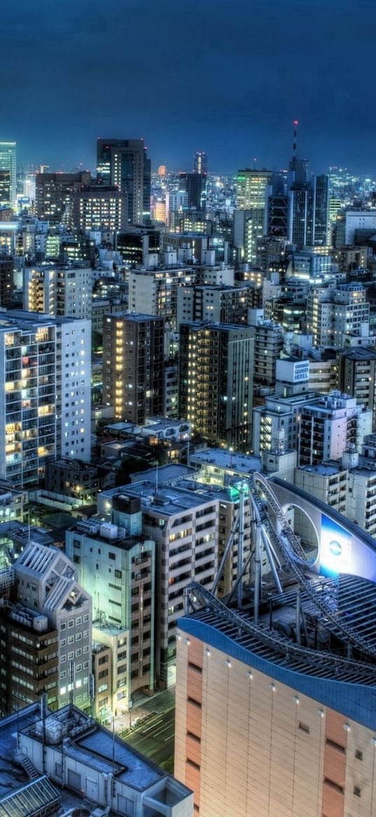 city, evening, night, buildings, skyscrapers, view from above, hdr