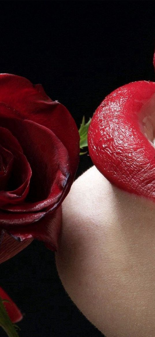 close-up, girl, lips, flower, red