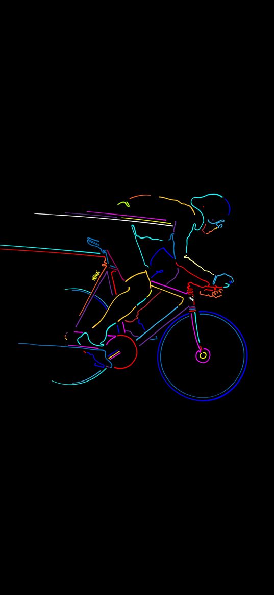 bicycle, cyclist, man, speed, neon, black background, art