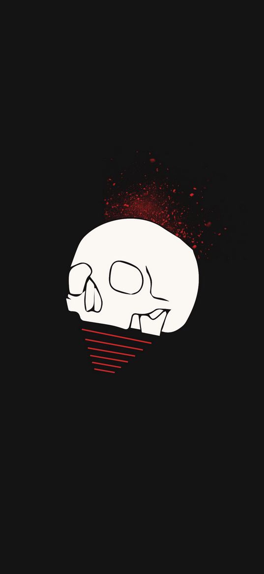 skull, red line, spots, black background, art