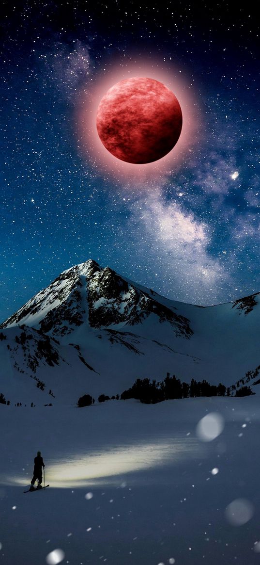 mountain, ice, ski, starry sky, planet