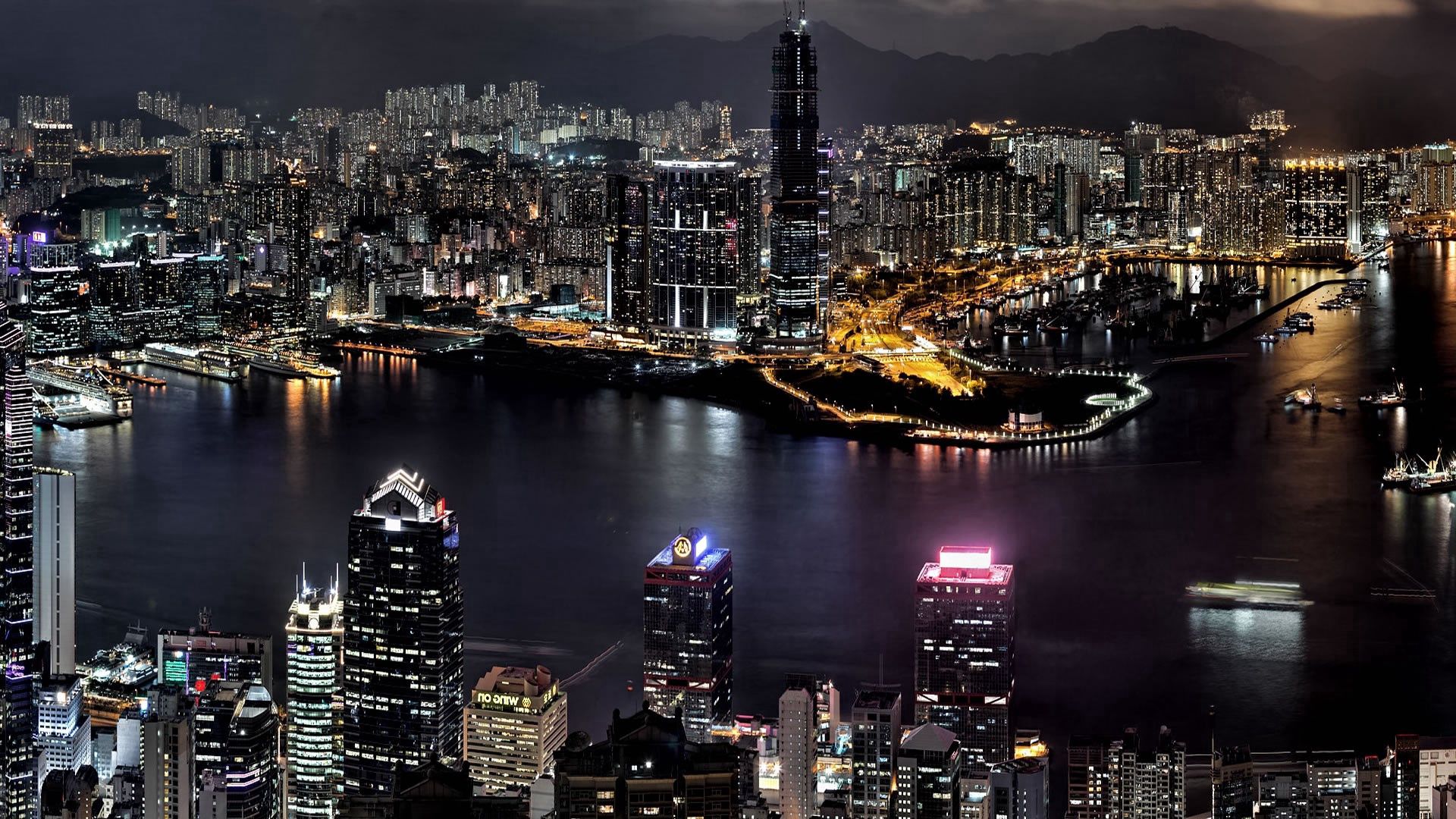 hong kong, high-rise, buildings, river, bank