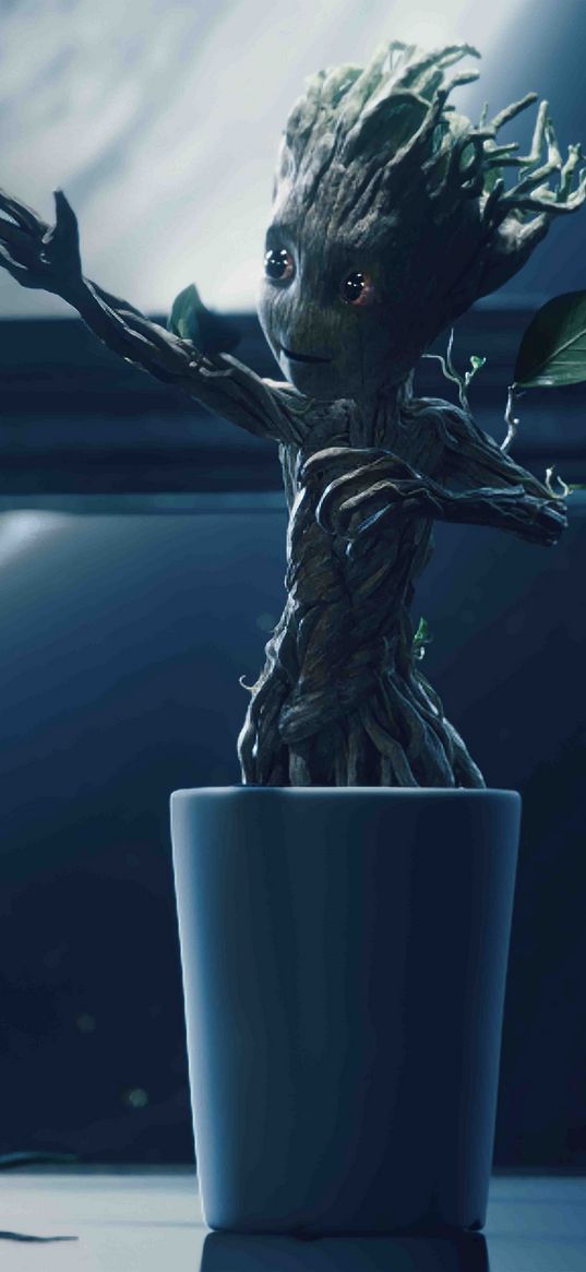 groot, tree, superhero, marvel, pot, window, moonlight