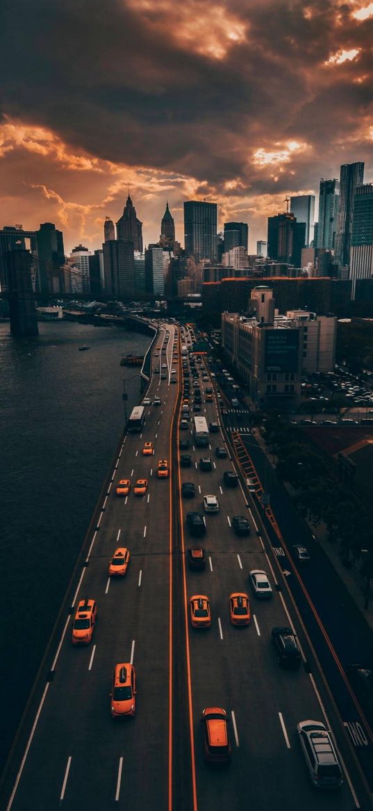 new york, city, road, car, water, sunset