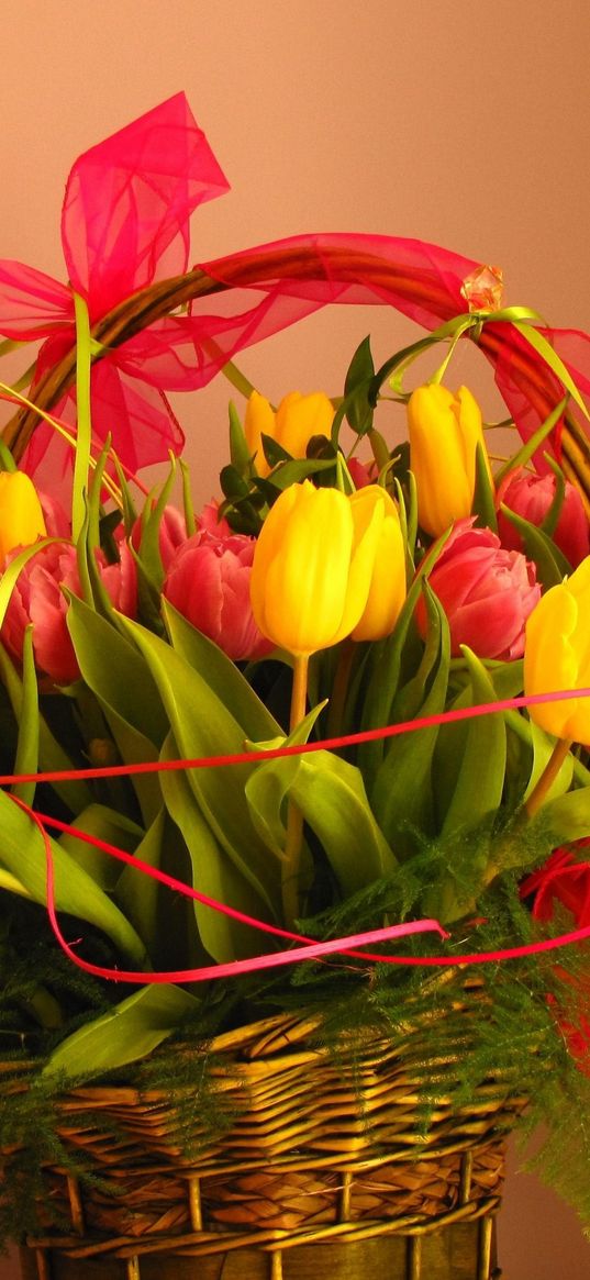 tulips, flowers, bouquet, basket, decoration, ribbon, greens