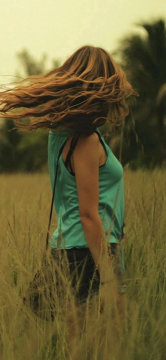 girl, blonde, box, wind, hair, nature