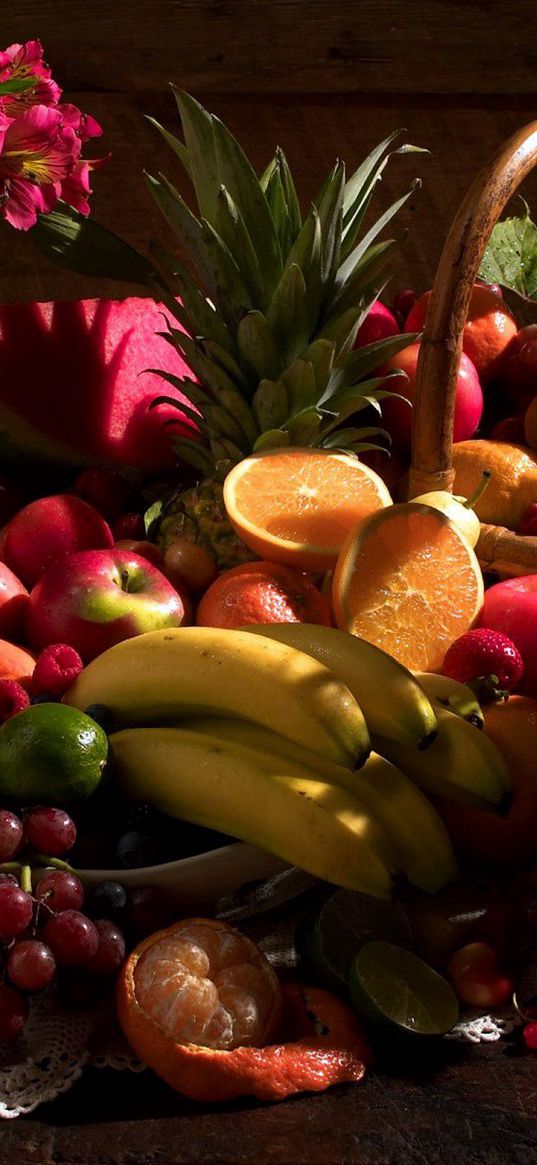 still life, table, fruit, flowers