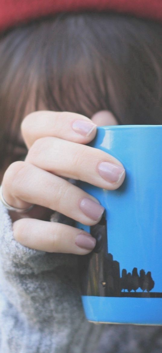 brunette, cap, cup, hands, mood