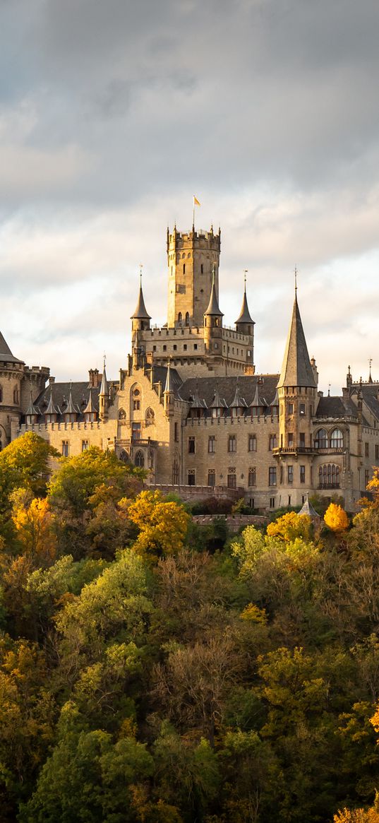 castle, towers, trees, forest, autumn