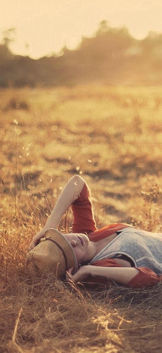 girl, grass, light, sunset, field, hat, mood