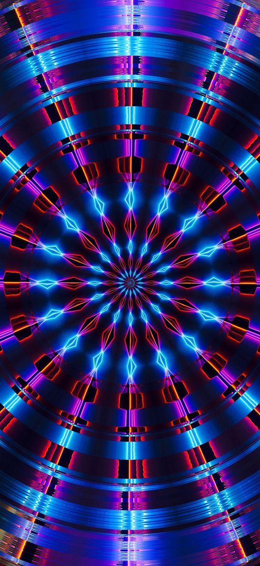 mandala, circle, laser, pink, blue, abstraction