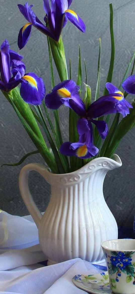 irises, flowers, jar, tea pair, tablecloth