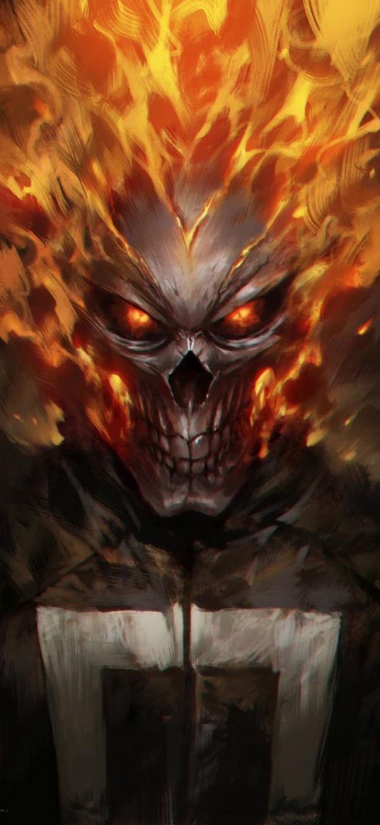 ghost rider, villain, marvel, skeleton, skull, flame, fire, art