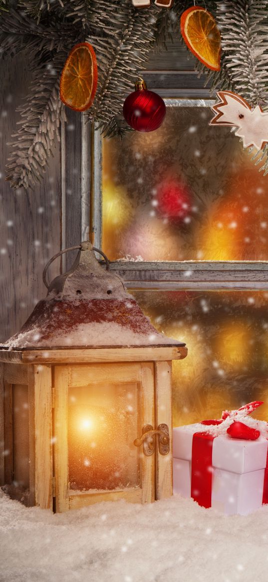 lantern, gift, christmas tree, christmas toys, window, snow, winter, new year, christmas, holiday