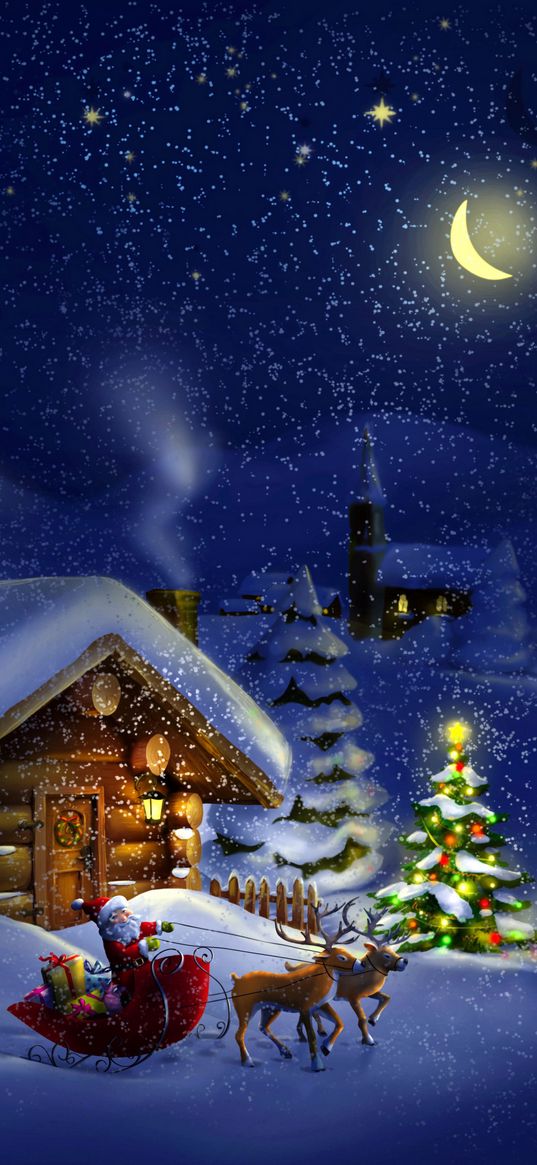 santa claus, deer, sleigh, house, village, christmas tree, snow, winter, new year, christmas, holiday