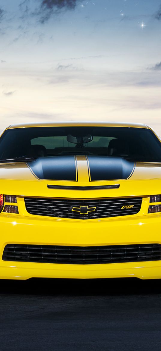 chevrolet camaro, chevrolet, sports car, car, yellow, clouds, stars, sky