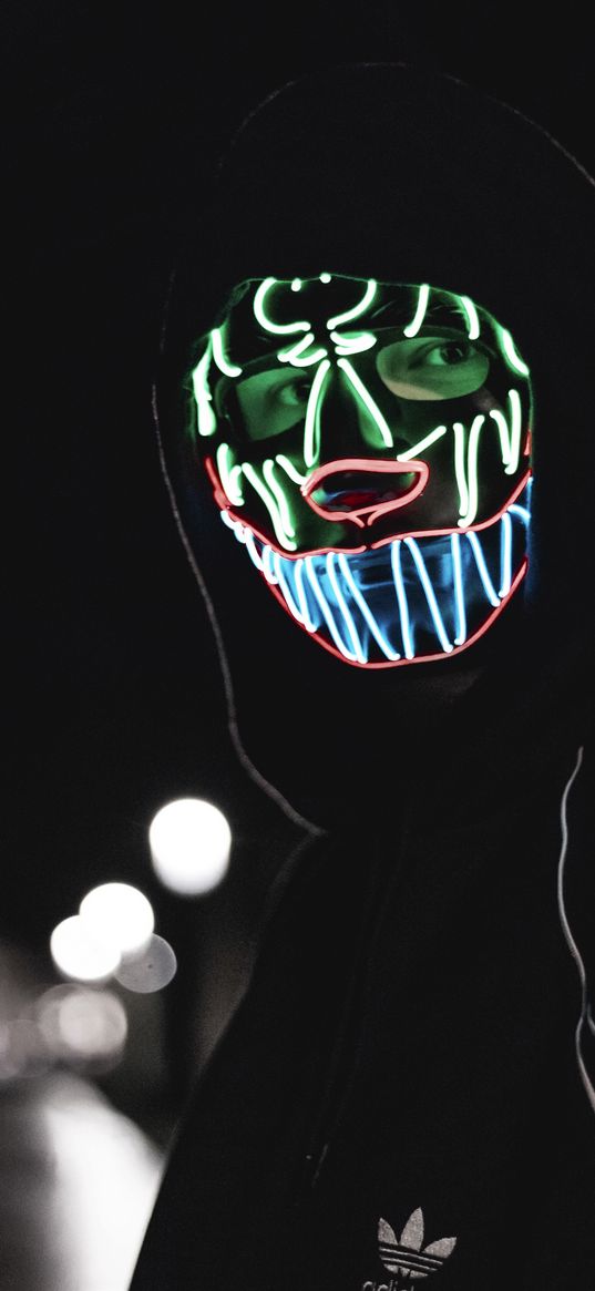 guy, mask, hood, hoodie, neon, street, night