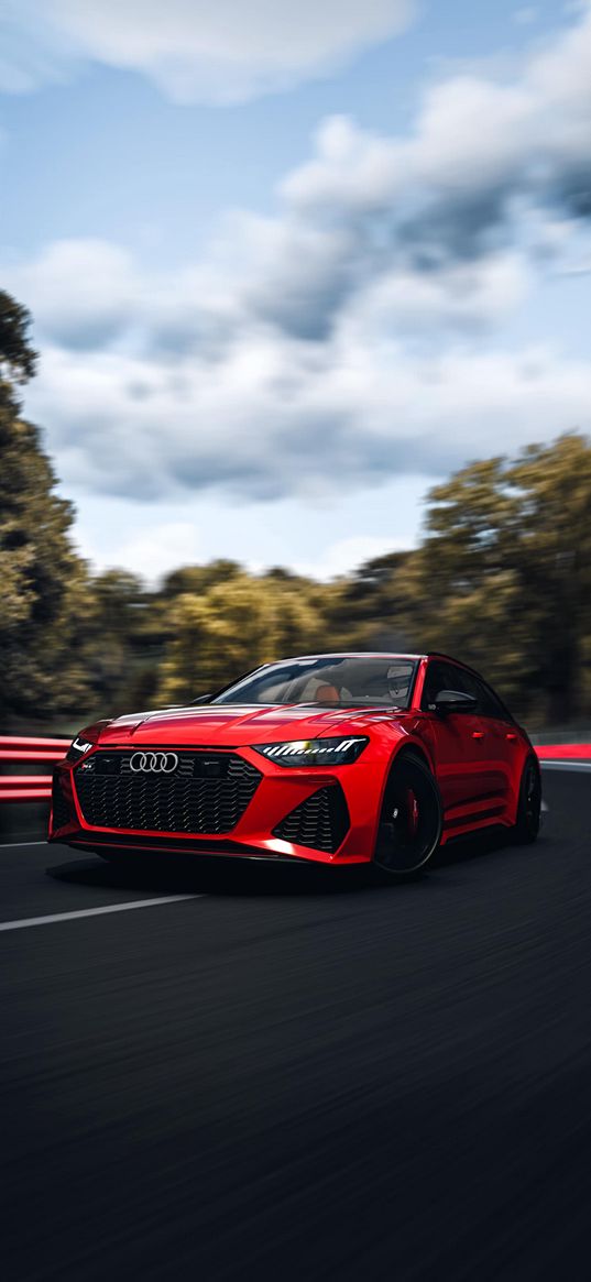 audi rs7, audi, sports car, car, red, road, speed, trees, clouds, sky