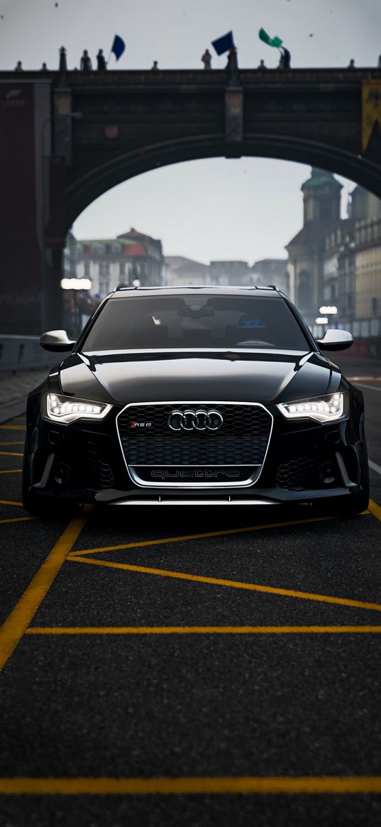 audi rs6, audi, sports car, car, black, road, bridge, houses, city