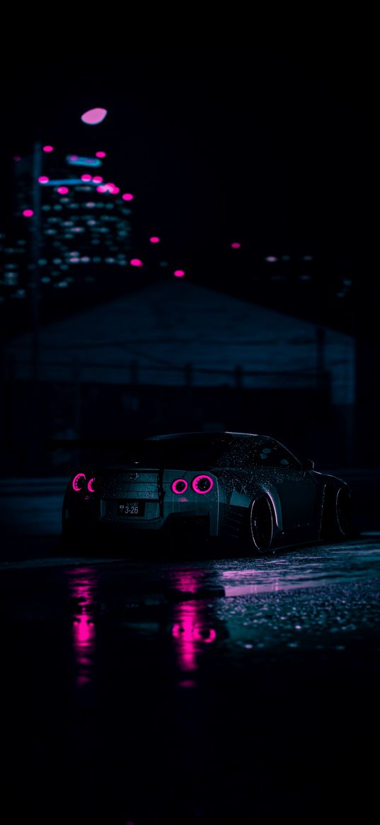 nissan skyline, nissan, sports car, car, headlights, puddles, houses, city, night