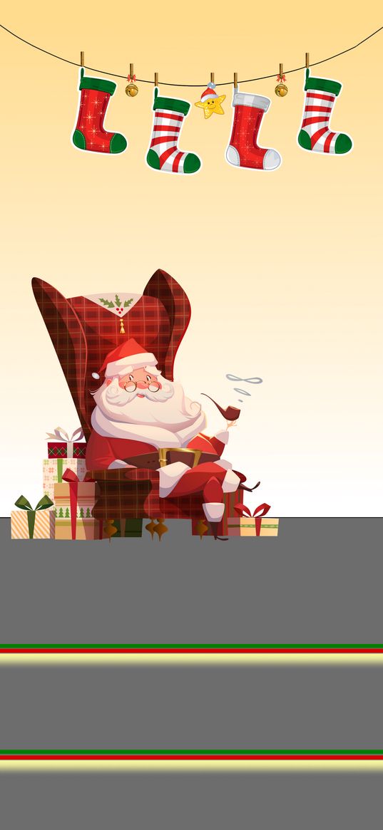 santa claus, gifts, socks, armchair, christmas, new year, holiday, stripes