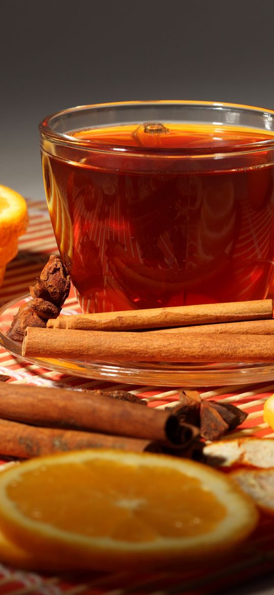 cup, tea, glass, oranges, cinnamon, peel, vanilla