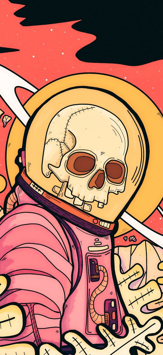 cosmonaut, skeleton, skull, helmet, saturn, art