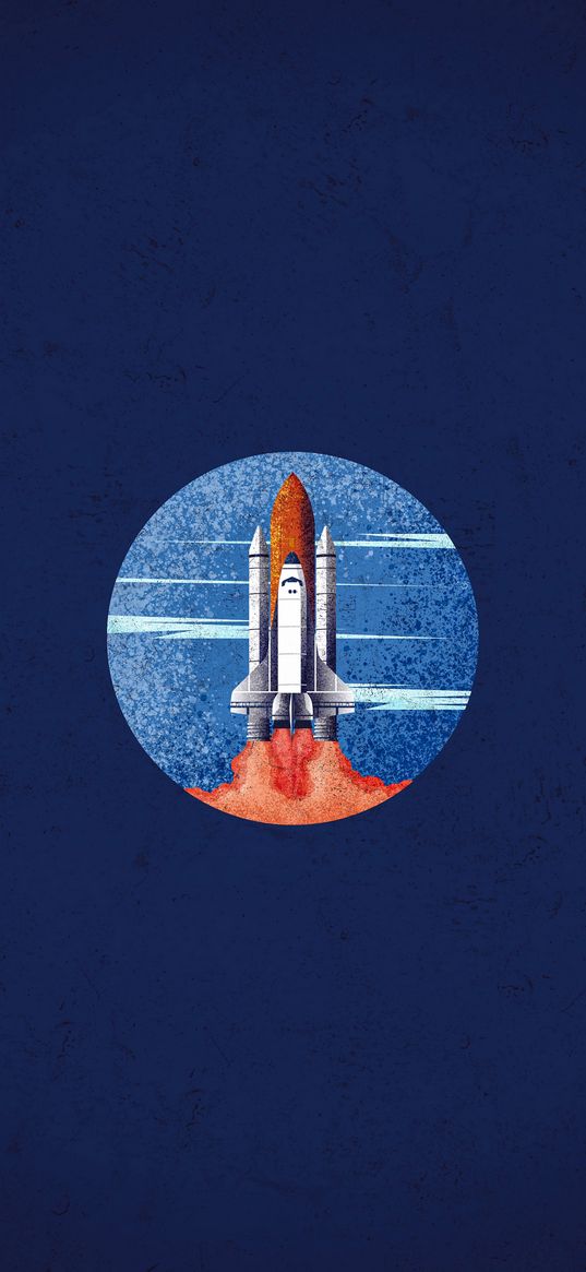 rocket, takeoff, blue background, circle, art