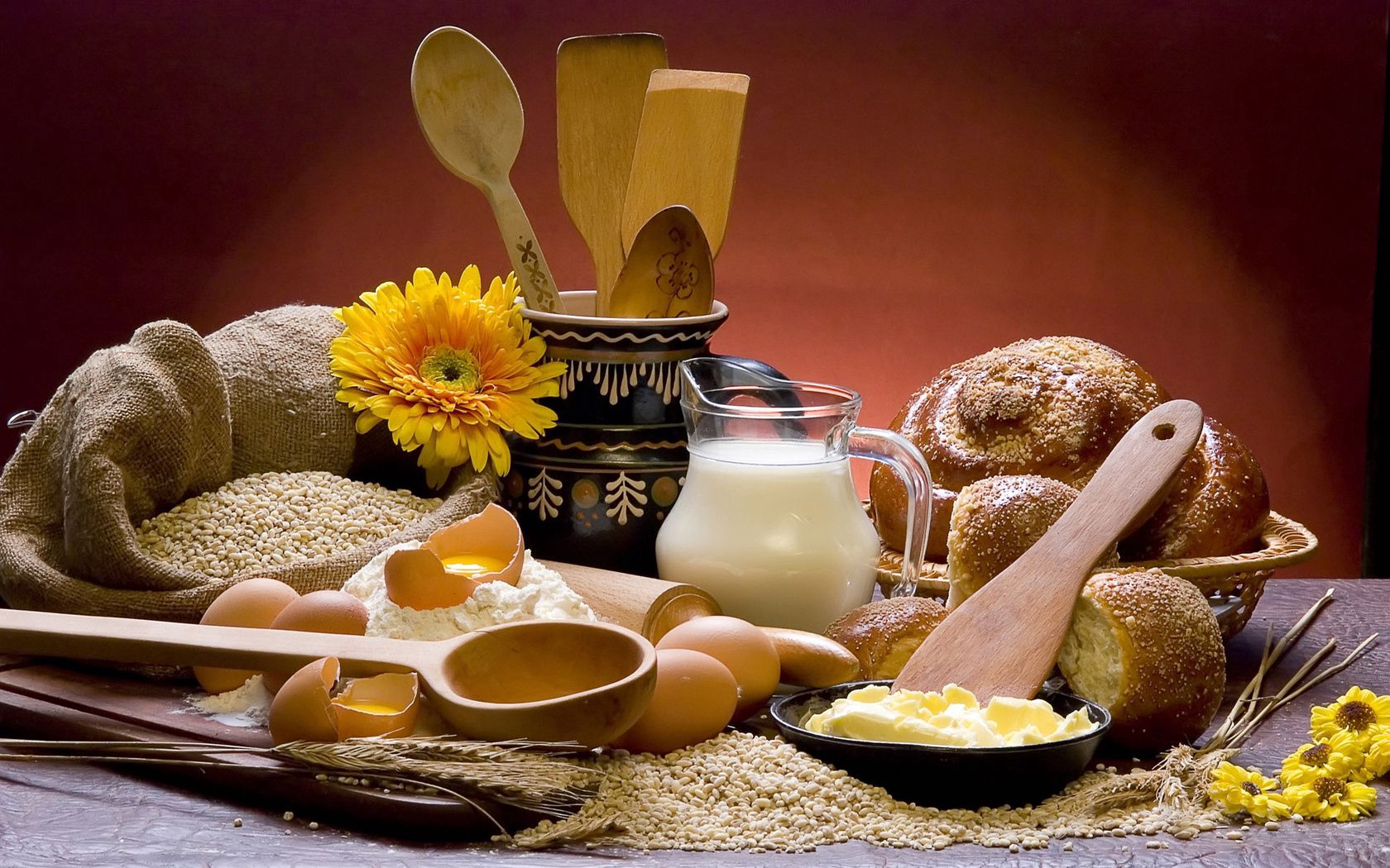 milk, cheese, eggs, bread, still life, components