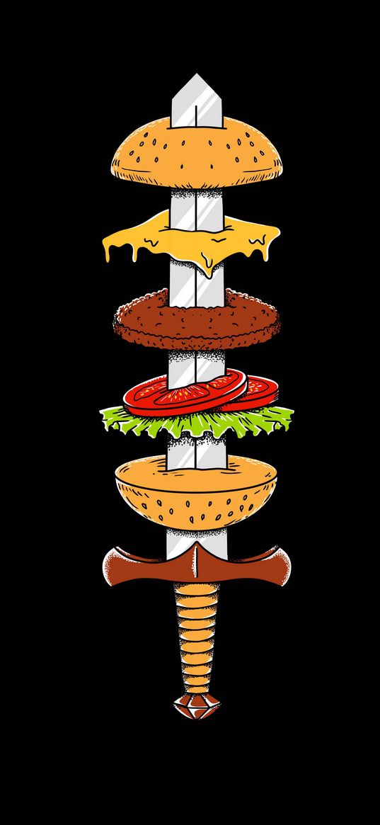 sword, burger, black background, art