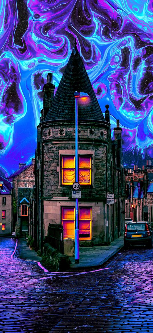 houses, street, night, sky, divorces, waves, blue, purple, digital art