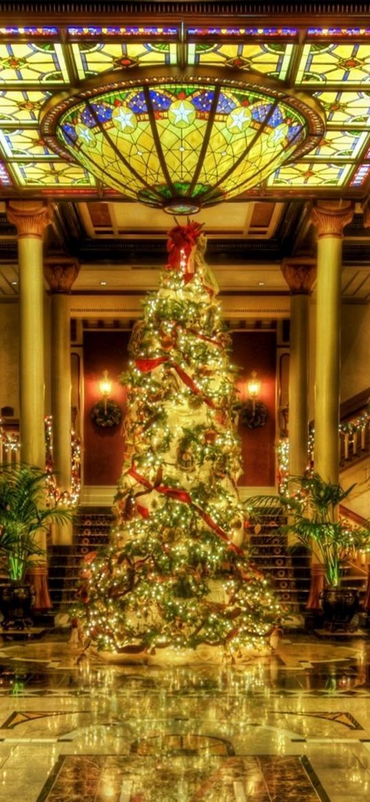 christmas tree, ornaments, garlands, hall, columns