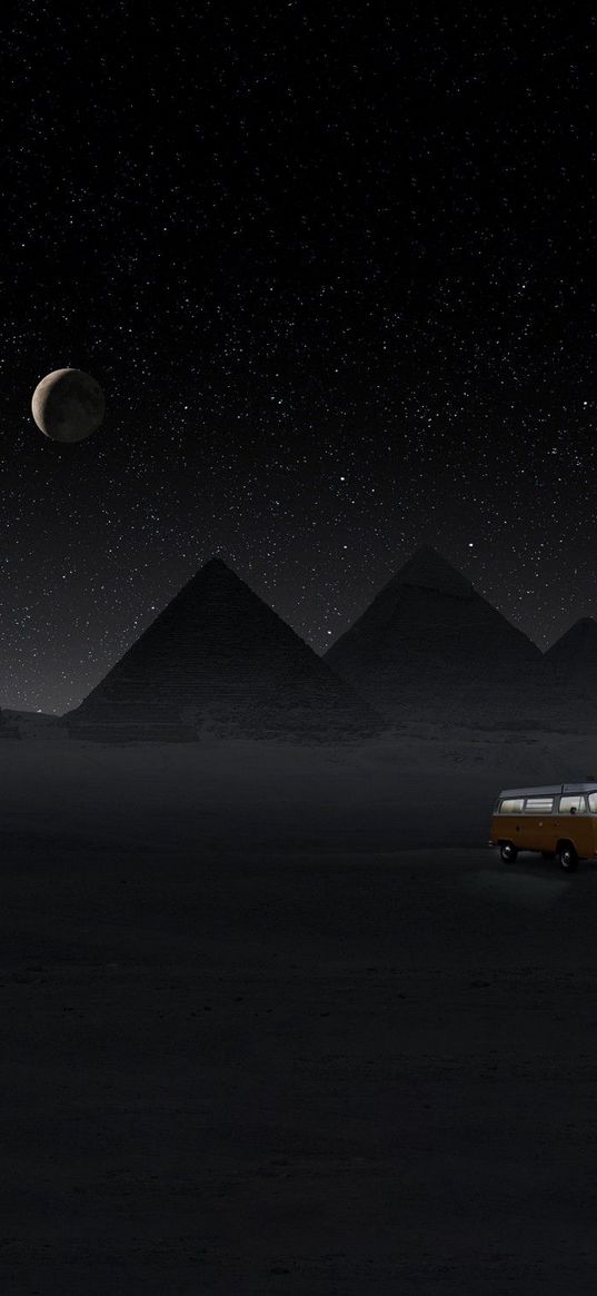 pyramids, desert, car, egypt, moon, stars, night