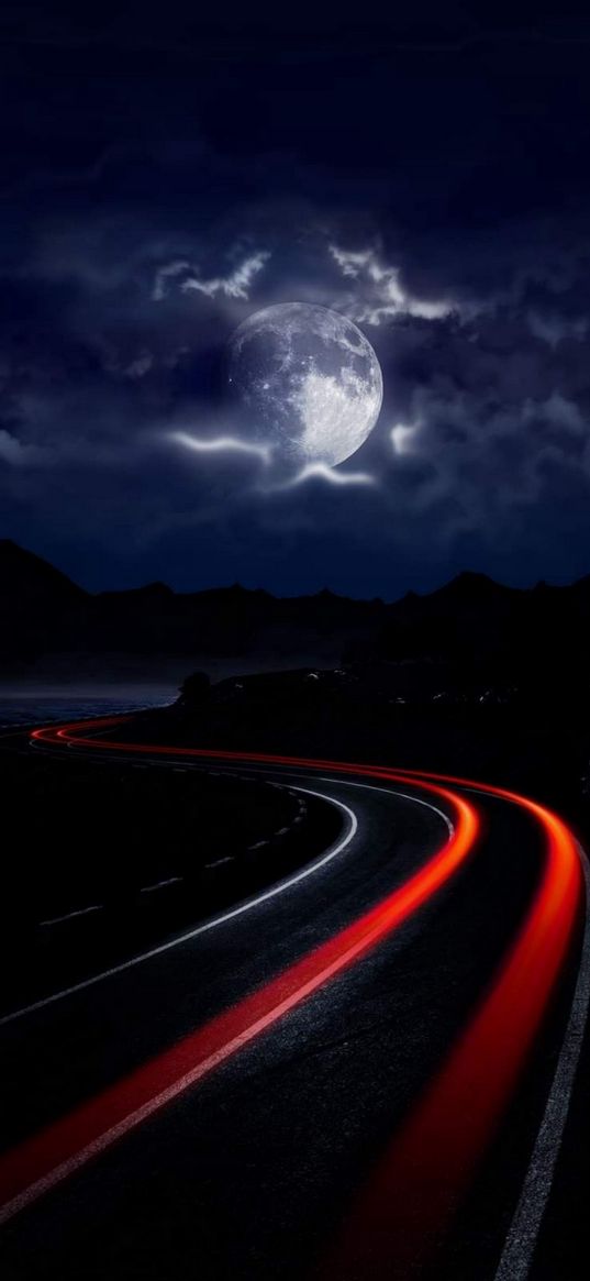 road, headlights, timelapse, moon, clouds, night