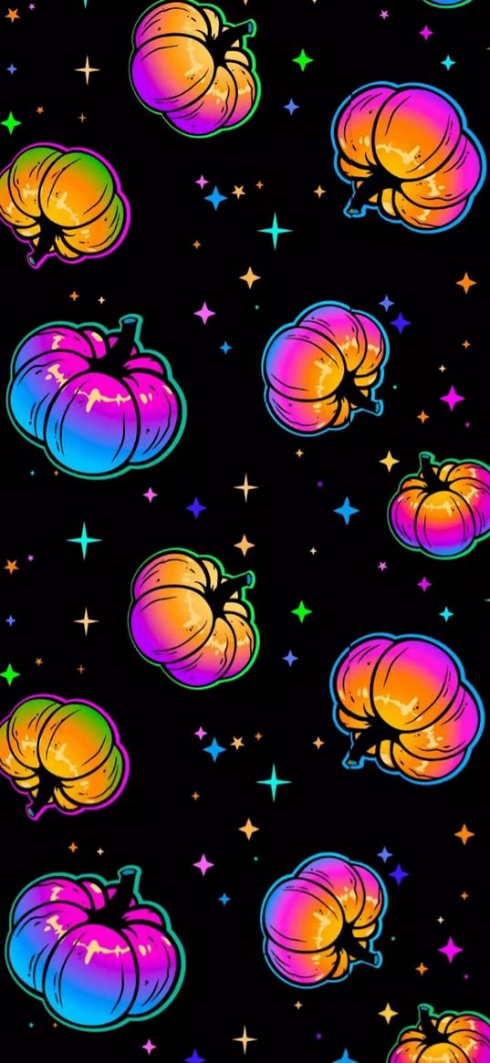 pumpkins, stars, space, black background, art