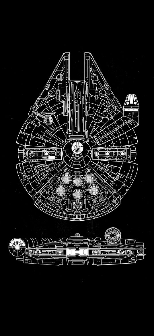 millennium falcon, star wars, spaceship, drawing, black and white, art