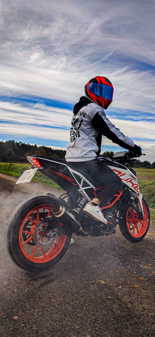 biker, bike, motorcycle, road, forest, clouds, sky